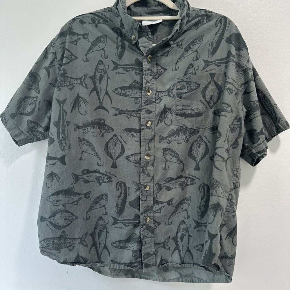 Woodland Creek Men's Fish Print Short Sleeve Button Shirt Green‎ L Large Cotton